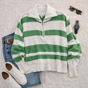 Aerie Green/white 1/4 Zip Long Sleeve Mini Cableknit Sweater. Ladies Xsmall